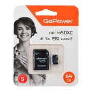Карта памяти MicroSDHC 64GB GoPower (class10, 70мб/сек V30) c адаптером SD