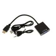 Переходник шт. HDMI - гн. VGA + гн.3,5, активный, шнур шт.3,5мм-шт.3,5мм в комплекте, чёрный GoPower